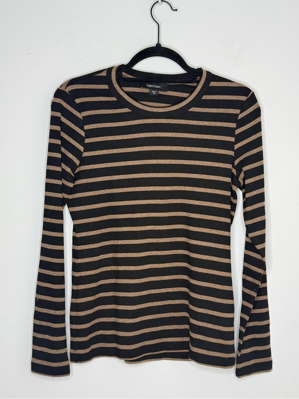 Karen Kane Black Tan Striped Long Sleeve Crew Neck Cotton Blend Top Sz S Capsule